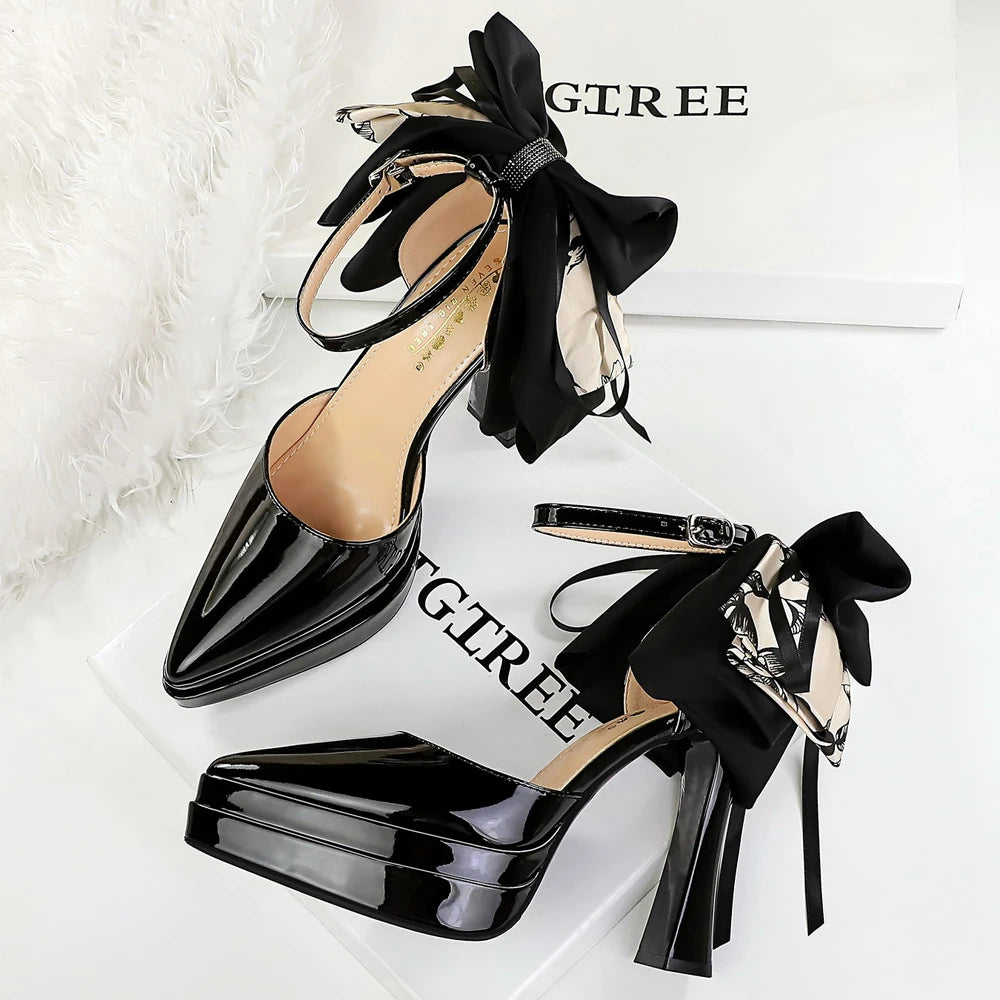 BIGTREE Shoes Big Bowknot Design Women Pumps Patent Leather Ultra High Heels Platform Pumps 11.5 CM Buckle High-heeled Sandals