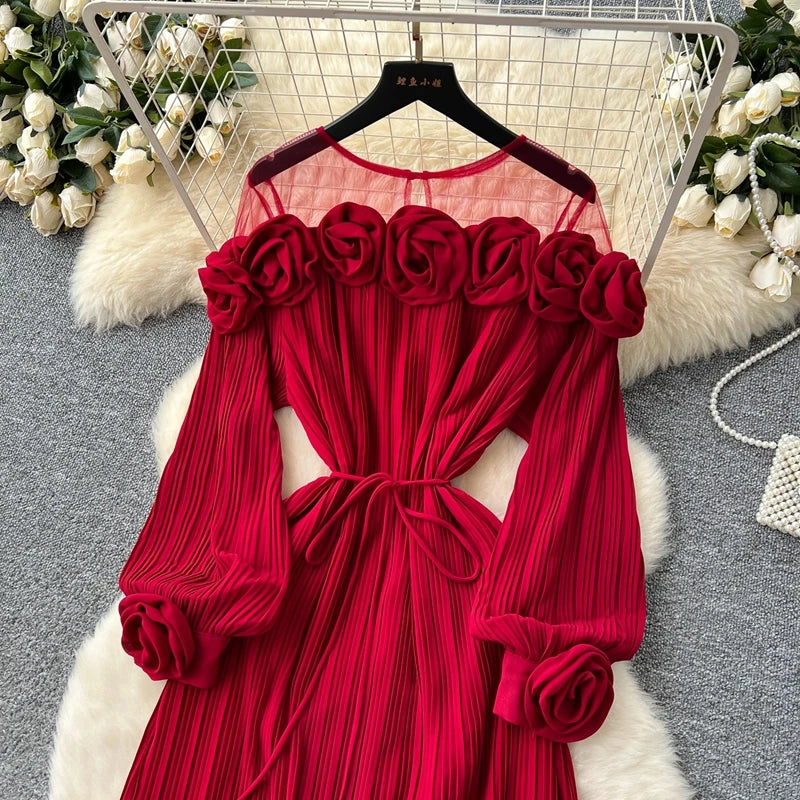 2025 New Fashion Heavy Industry Three Dimensional Flower Perspective Mesh Splicing Long Sleeve Waist Folding Dress for Women