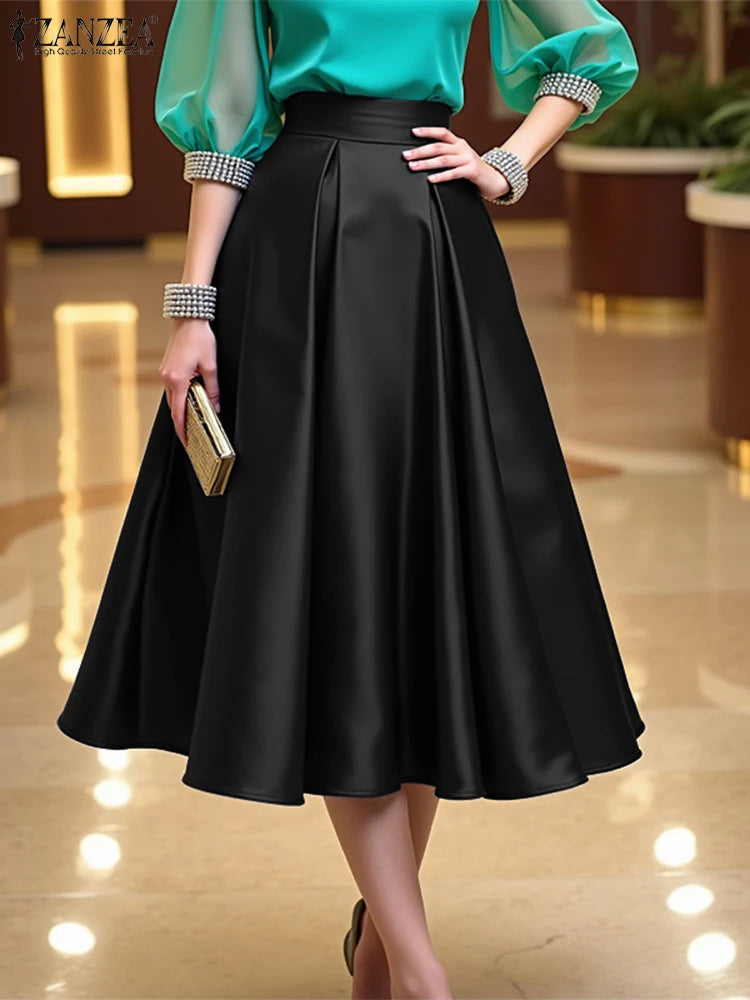 2025 ZANZEA Elegant High Waist Party Satin Skirts Summer Women Fashion A-line Work OL Skirt Jupe Vestidos Solid Midi Faldas Saia