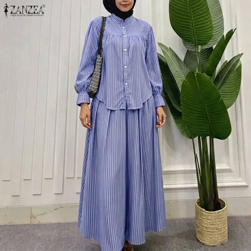 Elegant Women Muslim 2 Pieces Sets ZANZEA Summer Stand Neck Long Sleeve Bouse Skirt Suit Striped Outfits IsIamic Hijab Tracksuit