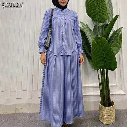Elegant Women Muslim 2 Pieces Sets ZANZEA Summer Stand Neck Long Sleeve Bouse Skirt Suit Striped Outfits IsIamic Hijab Tracksuit
