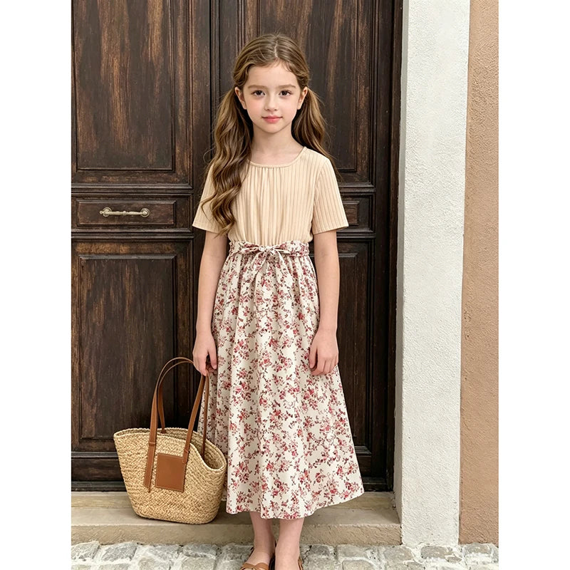 Beige Knitted Square Collar Patchwork Belted Ditsy A-line Dress Casual Style Tween Kids Dress Vacation Outgoing Daily Dress