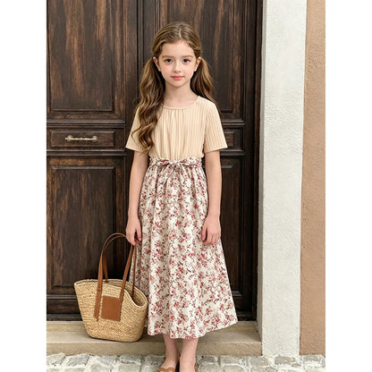 Beige Knitted Square Collar Patchwork Belted Ditsy A-line Dress Casual Style Tween Kids Dress Vacation Outgoing Daily Dress