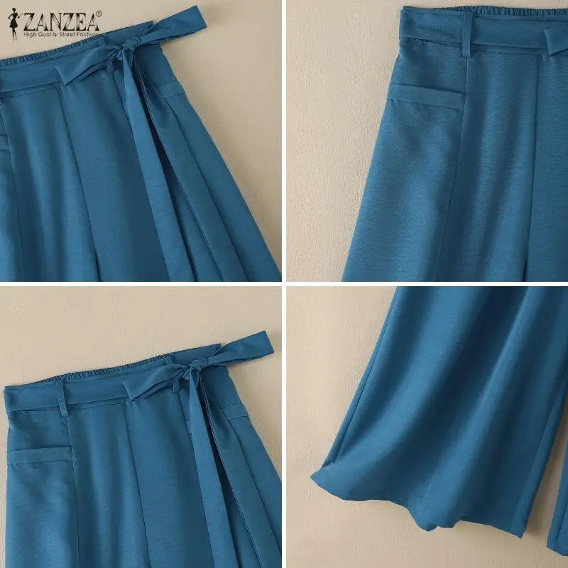 Women Plus Size 5XL Flowy Wide Leg Pants Loose High Waist Belted Trousers ZANZEA Autumn Office Work Solid Casual Palazzo Pants