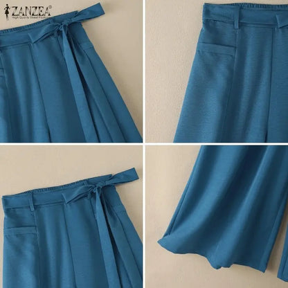 Women Plus Size 5XL Flowy Wide Leg Pants Loose High Waist Belted Trousers ZANZEA Autumn Office Work Solid Casual Palazzo Pants
