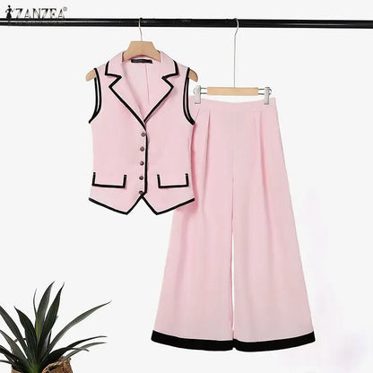 ZANZEA Women Stylish Pant Sets Contrast-Color Lapel Collar Vest Tops & Wide Leg Cropped Pants 2 Piece Suits Elegant Work Outfits