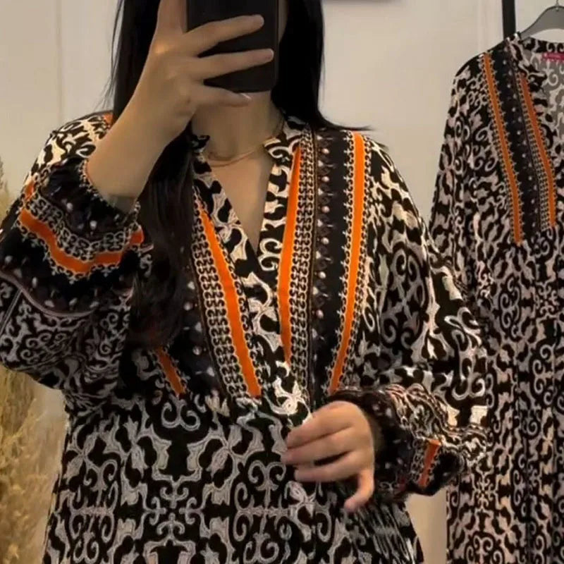 Geometric Pattern Printed Loose Robe Dress Retro Women V Neck High Waisted Long Sleeved Dress Elegant Pleated Autumn Party Dress