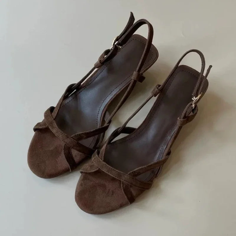 Fashion Round Toe Narrow Band Roman Style Platform Sandal Women Comfort Open Toe Wedge Designer Shoe Brown Faux Suede Beach Shoe