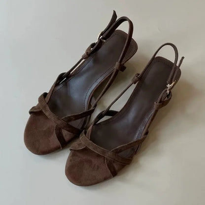 Fashion Round Toe Narrow Band Roman Style Platform Sandal Women Comfort Open Toe Wedge Designer Shoe Brown Faux Suede Beach Shoe