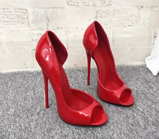 New Black Patent Leather and Red Lining 12cm Sexy Fish Mouth Shoes, Shallow Mouth Super High Heels, Plus Size Shoes 33-46
