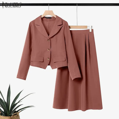 ZANZEA Elegant Women 2-Piece Skirt Suits Peak Lapel Long Sleeve Short Blazer & A-Line Midi Skirt 2pcs Sets 2026 Autumn Outfits