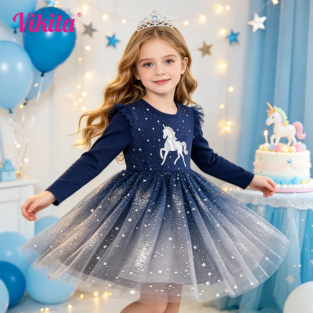 VIKITA Kids Unicorn Dresses for Girls Birthday Party Prom Gown Princess Dress Kids Long Sleeve Spring Autumn Dress Girl Clothes