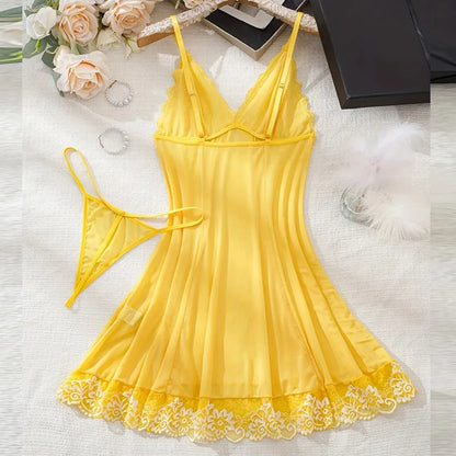 2 Piece Transparent Set Lace Bra Slim Nightgown Set With Thong Erotic Lingerie Pajamas Plus Size Porno Night Dress Sexy Babydoll