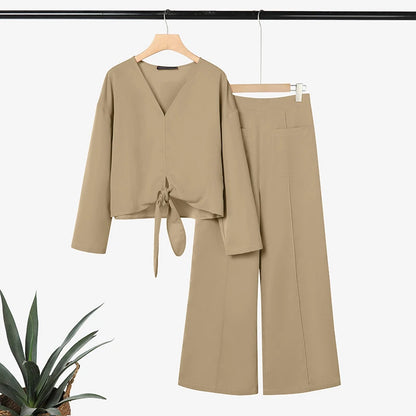 ZANZEA Women's Stylish 2-Piece Sets Long Sleeve V-Neck Tied-Hem Blouse & Wide Leg Pant Matching Sets Minimalist Casual Co-ords
