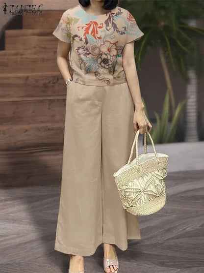 2PCS Women Outfits Summer Pant Sets Short Sleeve Blouse Loose Trousers Suit 2025 ZANZEA Casual Floral Matching Sets Tracksuit