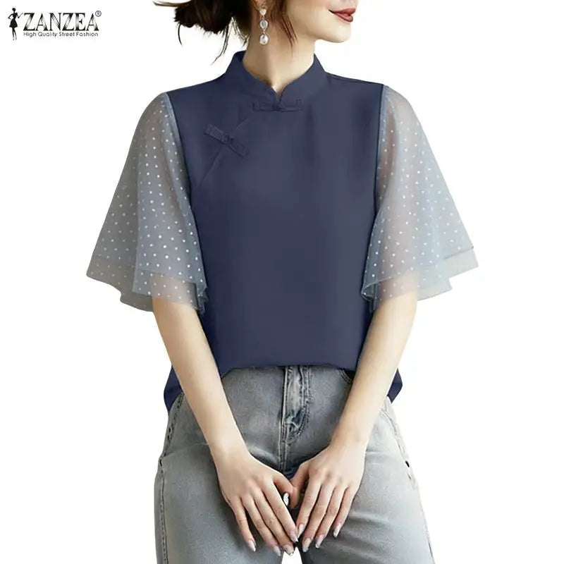 ZANZEA Woman Elegant Blouses Vintage Mandarin Collar Polka Dot Mesh Patchwork Half Sleeve Tops Summer Casual Blusas de Mujer