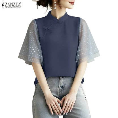 ZANZEA Woman Elegant Blouses Vintage Mandarin Collar Polka Dot Mesh Patchwork Half Sleeve Tops Summer Casual Blusas de Mujer