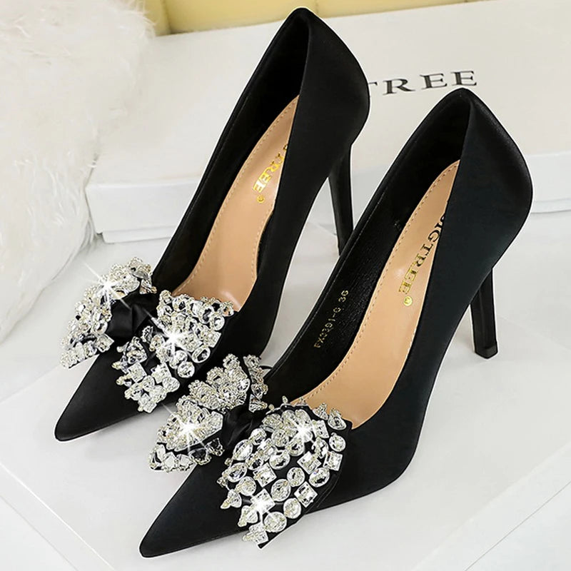 2026 Bow Knot Rhinestone Women Pumps Large Size 43 High Heels Luxury Banquet Shoes Stilettos Sexy Party Shoes Design Lady Heels