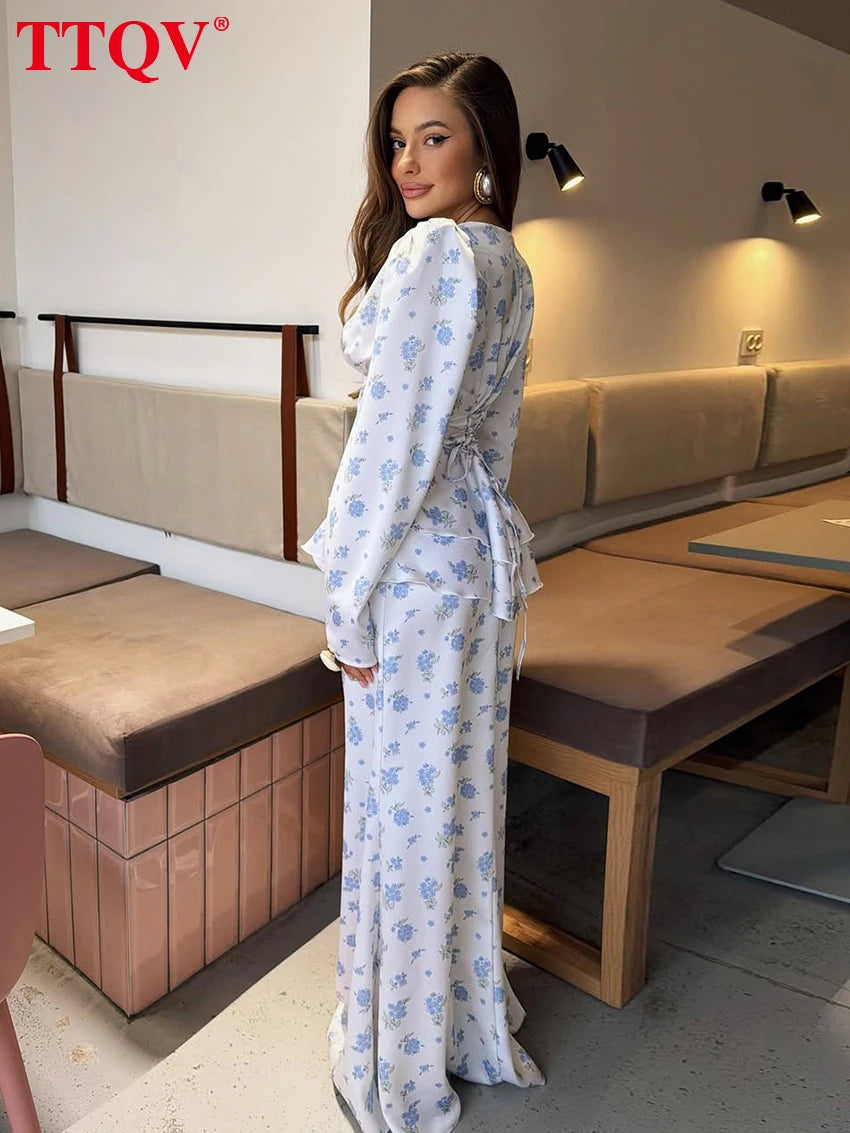 TTQV Fashion Loose Print Women's Dress 2026 Spring V-Neck Long Sleeve Maxi Dresses Elegant Classic High Waist Female Dress