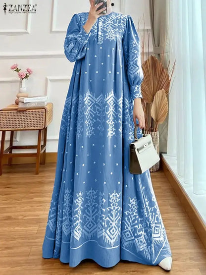 2026 ZANZEA Spring Floral Printed Dress Ramadan Muslim Abaya Dress Women O Neck Long Sleeve Sundress Islamic Robe Casual Kaftan
