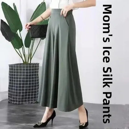 High Waist Drapey Wide Leg Skirt Pants Loose Fit Thin Summer plus Size Slimming Nine Point Pants for Middle-Aged And Elderly ...