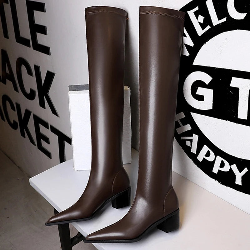 BIGTREE New Leather Boots Sexy Over The Knee Boots Thick Heel Long Boots Women Shoes Pointed Toe High Boots Autumn Winter Shoes