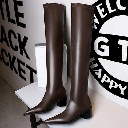 BIGTREE New Leather Boots Sexy Over The Knee Boots Thick Heel Long Boots Women Shoes Pointed Toe High Boots Autumn Winter Shoes