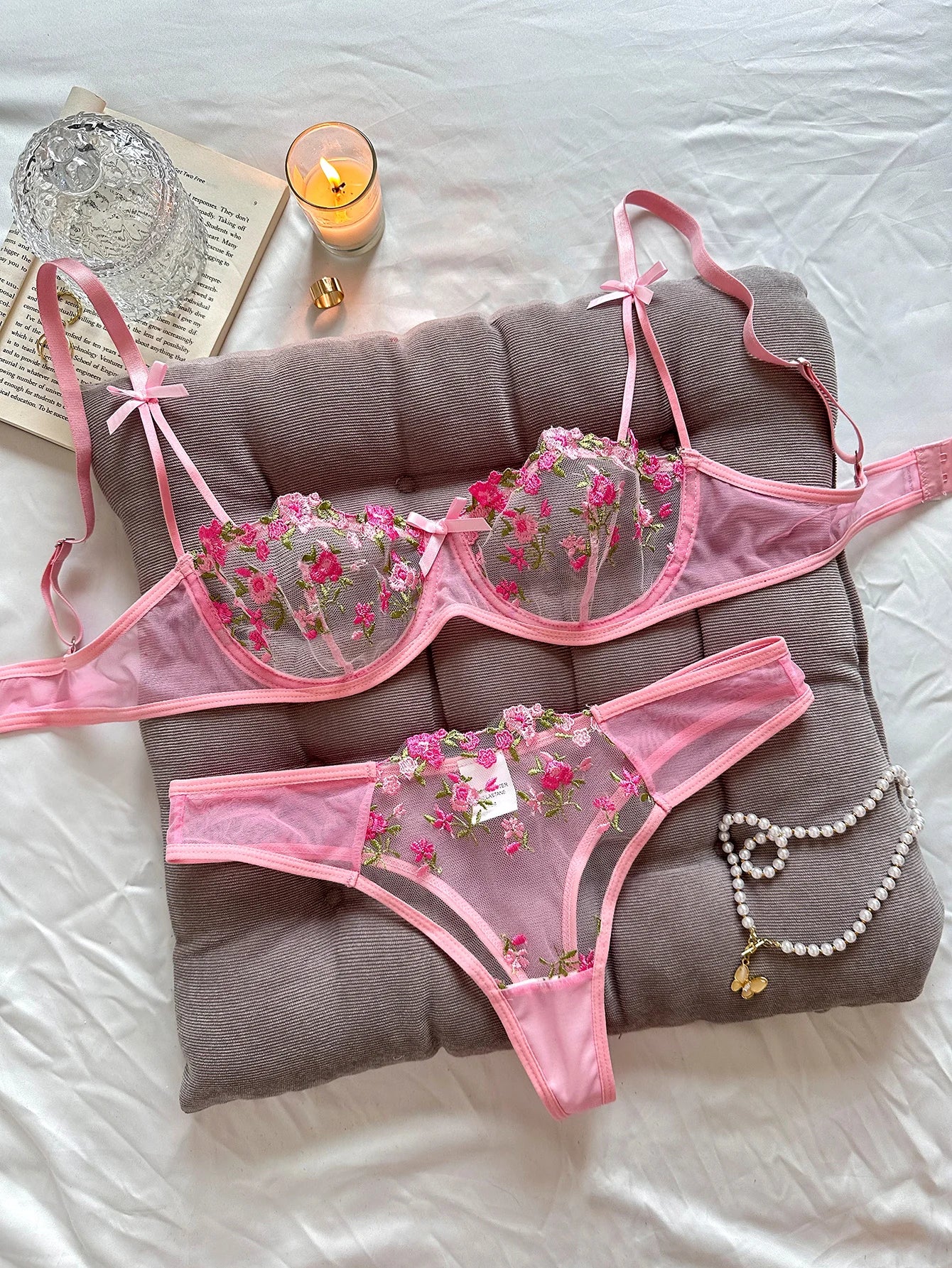 Ladies Pink Embroidered Floral Print Underwear Set Feminine Elegant Small Motif Lace Detail Comfortable Women's Nightgown