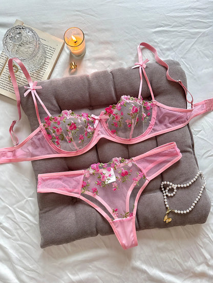 Ladies Pink Embroidered Floral Print Underwear Set Feminine Elegant Small Motif Lace Detail Comfortable Women's Nightgown