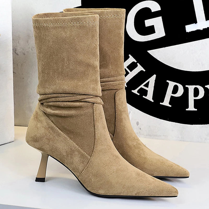 BIGTREE Shoes Women Pleated Elastic Boots Woman Stiletto 6.5 CM High Heel Boots Suede Ankle Boots Fashion Pointed Short Boots
