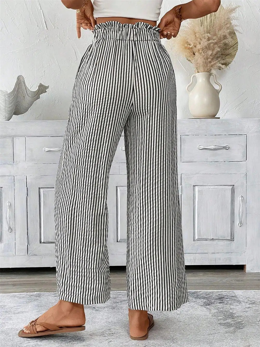 Spring Summer New High Waist Straight Leg Pants Women, European Stripe Wide Leg Trousers, Office Casual Paper Bag Pants, Loose F