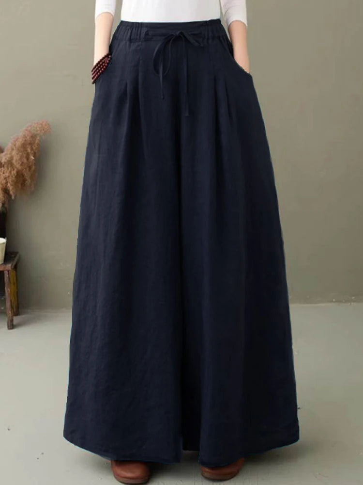 ZANZEA Elegant Women's Wide Leg Pants Autumn Trousers Casual Drawstring Pantalon Palazzo Female Elastic Waist Turnip Oversized
