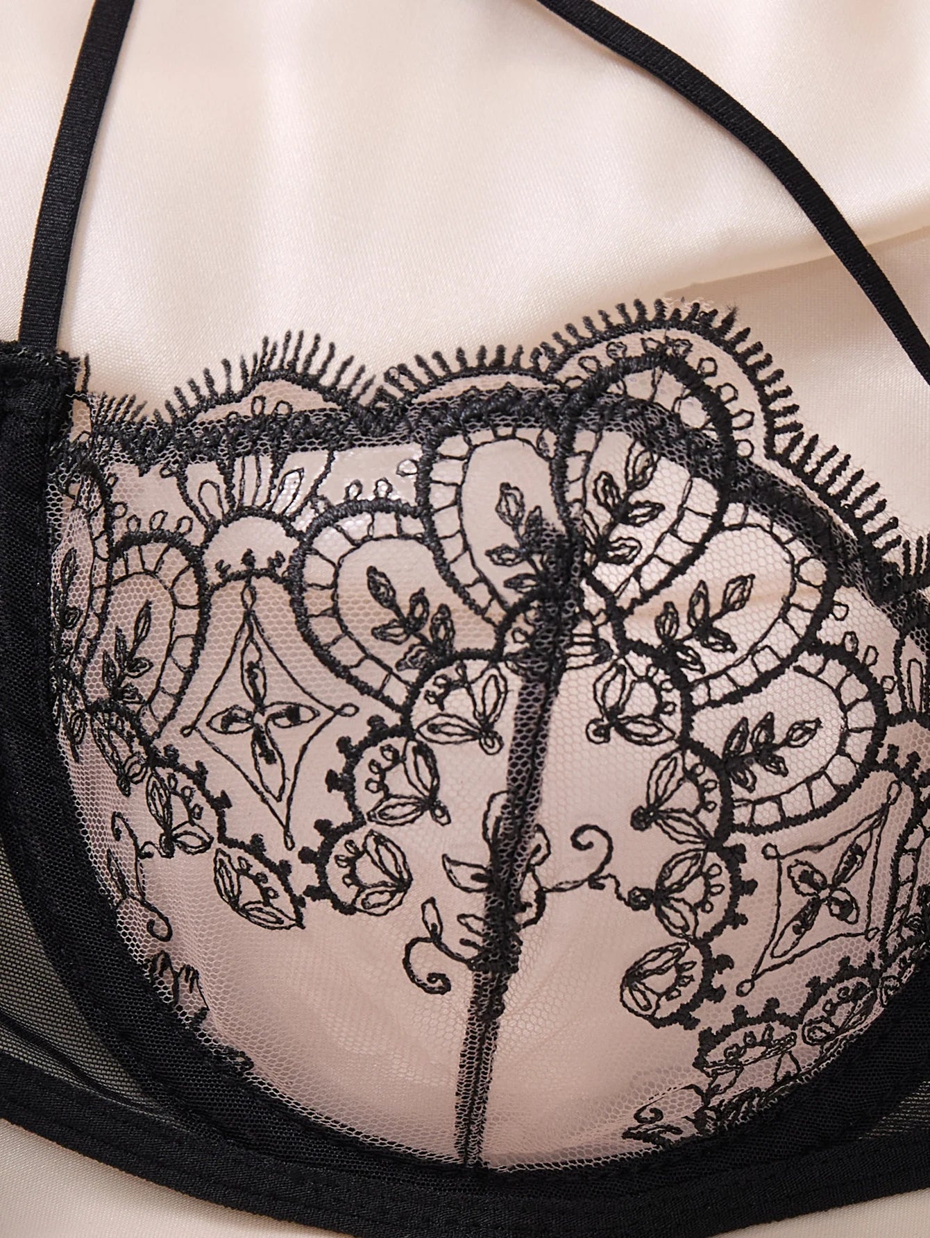 Women Elegant Black Embroidery Lingerie Set Sheer Mesh Underwire Bra T‑back Panty Bow Decor Intimate Wear ZA824057