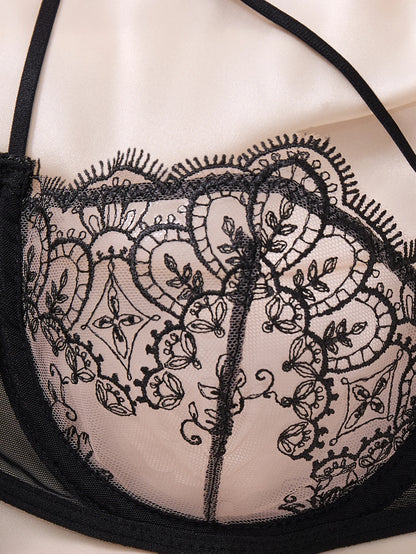 Women Elegant Black Embroidery Lingerie Set Sheer Mesh Underwire Bra T‑back Panty Bow Decor Intimate Wear ZA824057