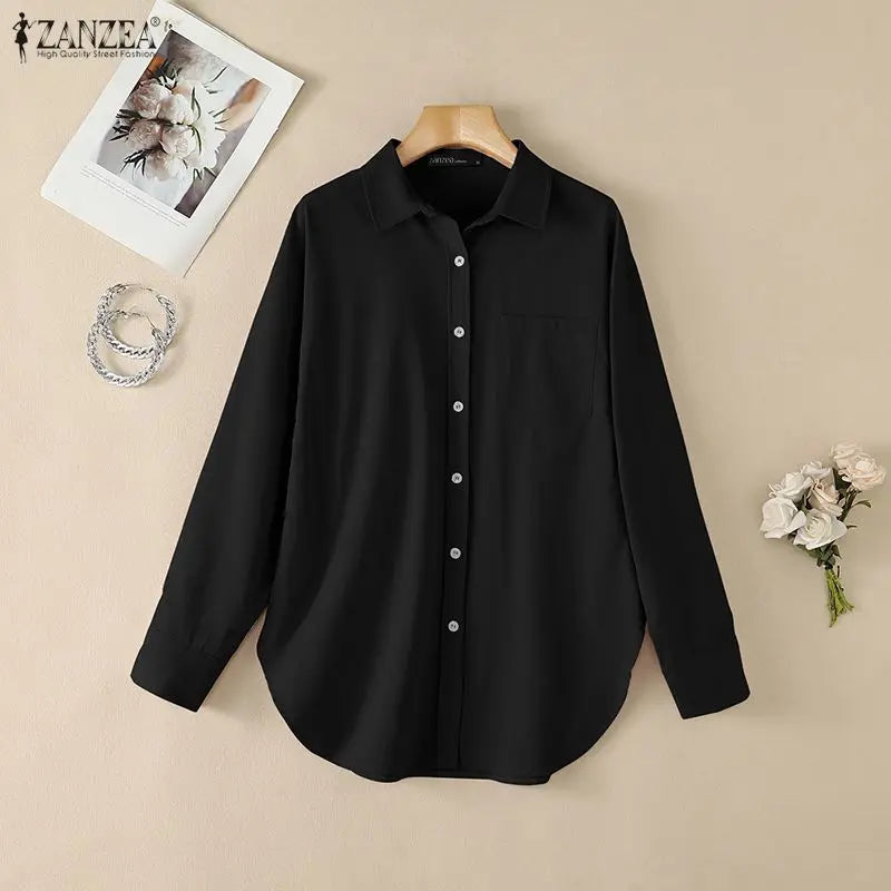 ZANZEA Woman Rounded Hem Long Shirts Casual Turn-Down Collar Long Sleeve Button Up Blouses Autumn Solid Chemise Femme Streetwear
