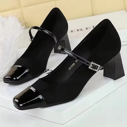 BIGTREE Shoes Leopard Print Women Pumps Suede Middle Heel Shoes Sexy Mary Jane Shoes Rhinestone Buckle Ladies Shoes Square Head