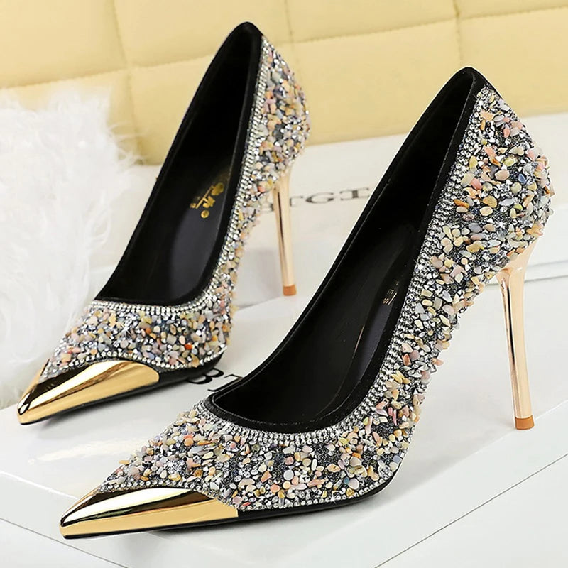 BIGTREE Shoes Rhinestone Shoe Upper Women Pumps Stiletto Heels 9.5 Cm Metal Pointed Tip High Heels Luxury Crystal Pumps Lady
