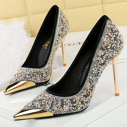 BIGTREE Shoes Rhinestone Shoe Upper Women Pumps Stiletto Heels 9.5 Cm Metal Pointed Tip High Heels Luxury Crystal Pumps Lady