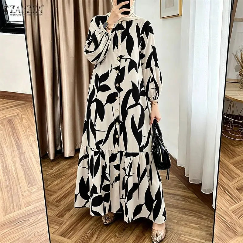 Bohemain Printed Maxi Dresses ZANZEA Fashion Women Long Lantern Sleeve Muslim Abaya Dress Hijab Robe Kaftan Buttons Up Vestidos