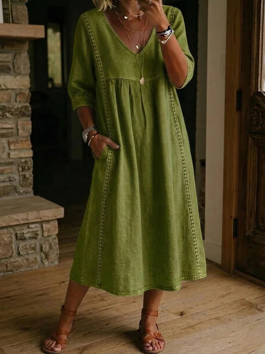 Women Summer Casual Loose V Neck Lace Splicing Midi Dress, Solid Three Quarter Sleeve Breathable Daily Vacation Dress