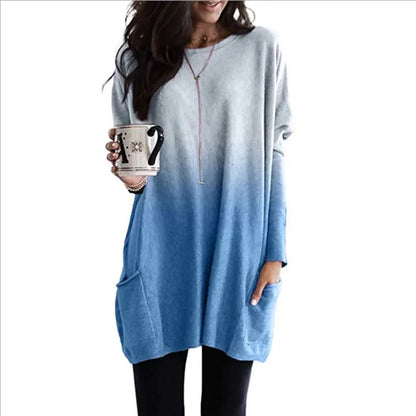 Women's Casual Long Sleeve T-Shirt with Pocket Gradient Color T-Shirt for Autumn And Winter Fashionable And Comfortable