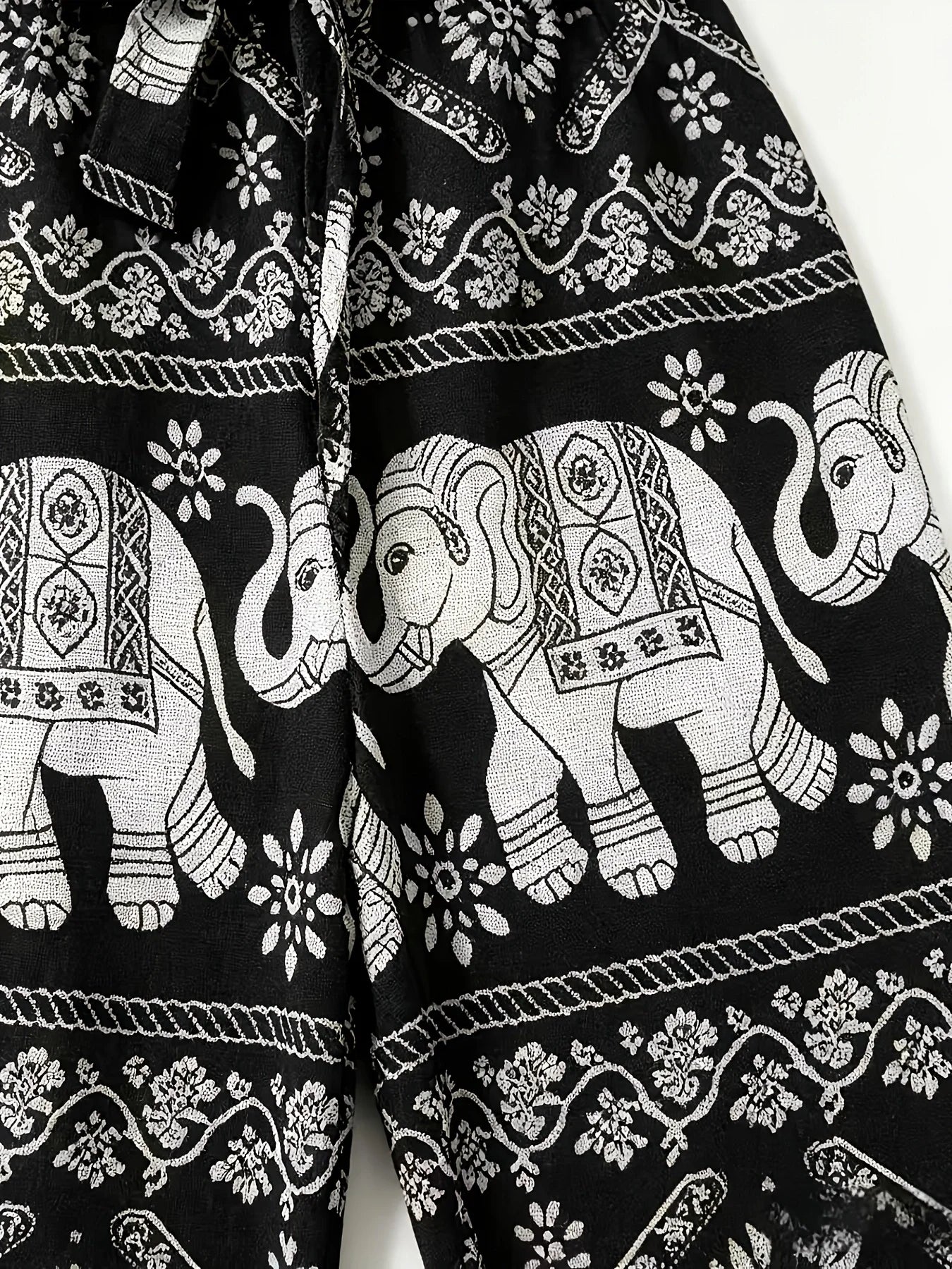Black & White Elephant Print Tie-Waist Wide Leg Pants, Ethnic Style, Vacation Casual Trousers