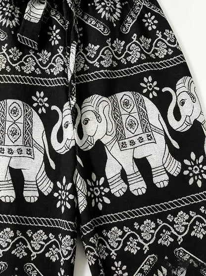 Black & White Elephant Print Tie-Waist Wide Leg Pants, Ethnic Style, Vacation Casual Trousers
