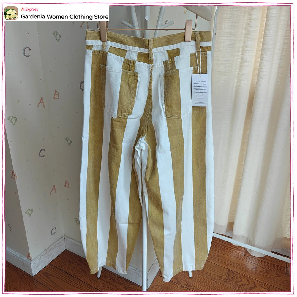 Fashion High-rise Striped Jeans for Women New in Tapered Jeans with Contrasting Stripes Stylish Cowgirls Pants with Five-pockets