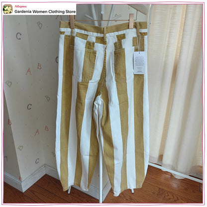 Fashion High-rise Striped Jeans for Women New in Tapered Jeans with Contrasting Stripes Stylish Cowgirls Pants with Five-pockets
