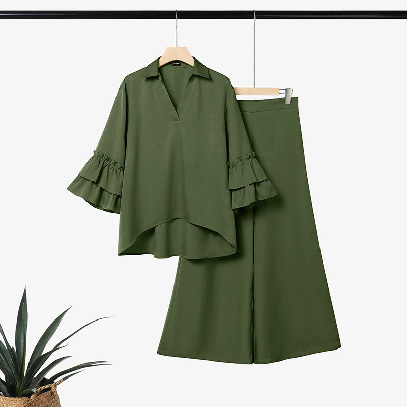 Plus Size Outfits Women Two Piece VONDA Ruffle Sleeve Asymmetrical Hem Tops Wide Leg Pants Sets Elegant V Neck 3/4 Sleeve Suits