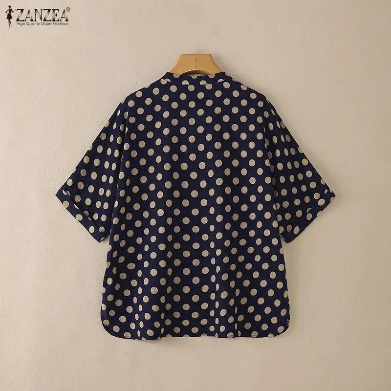 ZANZEA Summer Woman Polka Dot Blouses Vintage Mandarin Collar Half Sleeve Loose Tops Casual Daily Cotton Linen Blusas de Mujer