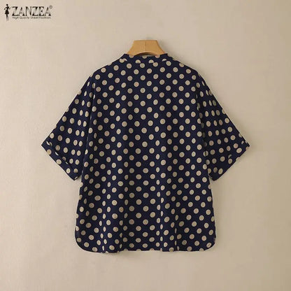ZANZEA Summer Woman Polka Dot Blouses Vintage Mandarin Collar Half Sleeve Loose Tops Casual Daily Cotton Linen Blusas de Mujer