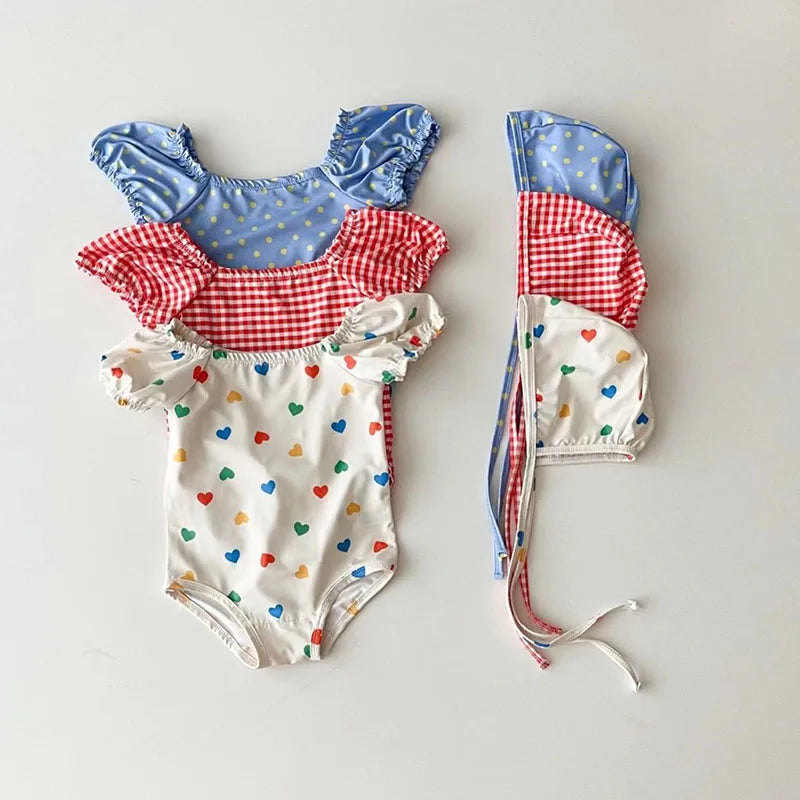 MILANCEL 2pcs Summer Kids Baby Girl Swimming Wear One Piece Heart Print Girls' Swimsuits Toddler Swimwear