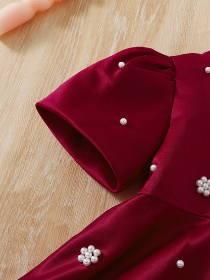 Baby Girl Birthday Dress Bubble Sleeves and Pearl Decal Wine Red Dress Suitable for 0-3 Year Old Daby Girls Party Princess Dress